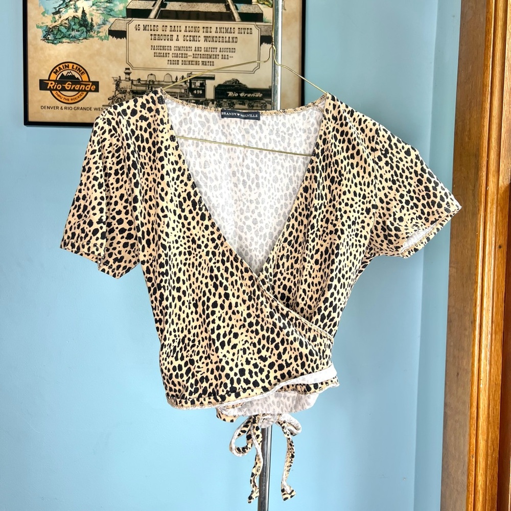 Brandy Melville Leopard Print Wrap Crop Top - Tan & Black